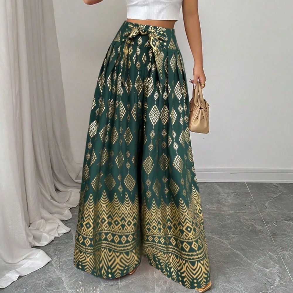 Wide Leg Printed Palazzo Pants in Dark Green and Gold